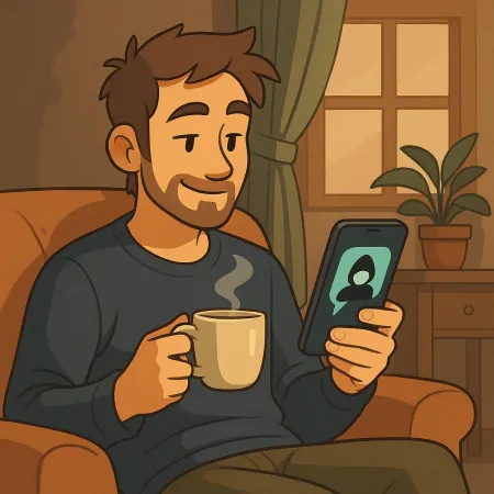 Homme barbu assis confortablement dans un fauteuil, tenant une tasse de café fumante dans une main et un smartphone dans l'autre. Il sourit en regardant l'écran, où s'affiche une silhouette anonyme. L'ambiance intérieure est chaleureuse, avec une plante, un rideau et une fenêtre en arrière-plan.