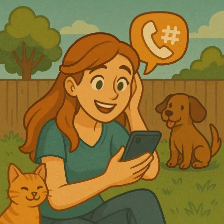 Femme rousse assise sur l'herbe dans un jardin, souriante en regardant son smartphone. Un chat orange est blotti contre elle et un chien brun est assis à proximité. Une bulle de dialogue contenant une icône de téléphone et un dièse flotte au-dessus d'elle, suggérant une conversation téléphonique.