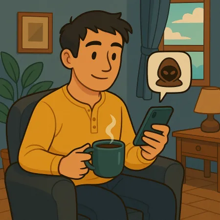 Homme assis confortablement dans un fauteuil, tenant une tasse de café fumant et consultant son smartphone, avec une bulle de message affichant une icône de masque anonyme ou de hacker, dans un salon chaleureux avec fenêtre, lampe et plante