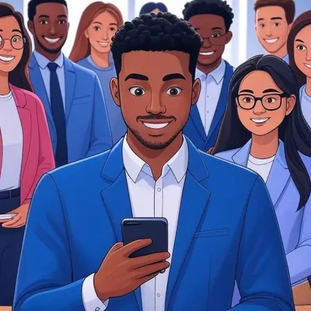 Illustration d'un jeune homme d'affaires noir souriant regardant son smartphone, avec son équipe en arrière-plan.