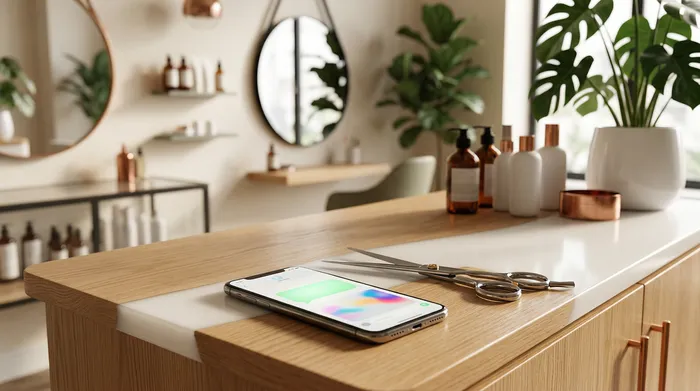 Un smartphone affichant une application de messagerie posé sur une table en marbre à côté d'une feuille avec une liste de tâches manuscrite et un crayon.