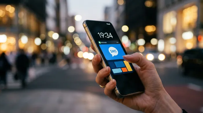 Une personne tenant un smartphone affichant une application de messagerie, assise à un bureau avec un ordinateur portable, un bloc-notes et une tasse de café.