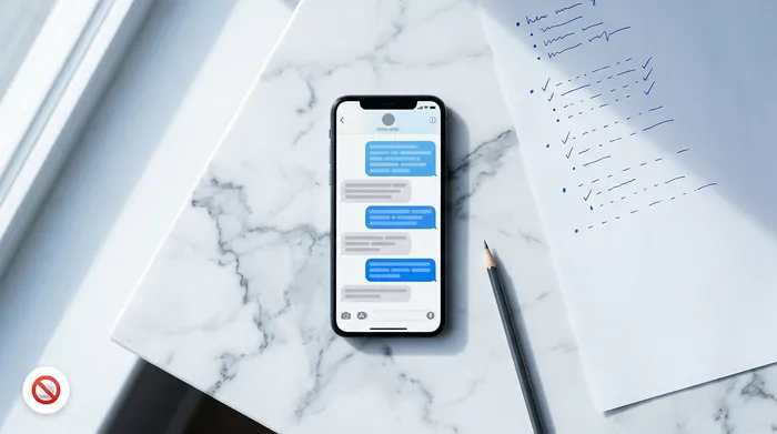 Une main tenant un smartphone affichant une notification de message SMS avec un arrière-plan urbain flou en soirée.