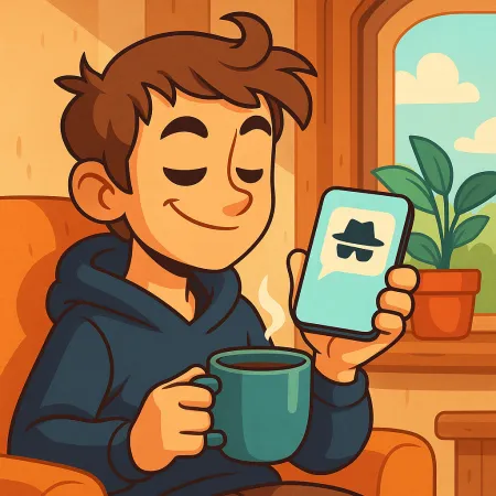 Illustration d’un jeune homme souriant, assis confortablement avec une tasse de café, tenant un smartphone affichant une icône de message anonyme avec un chapeau et des lunettes de soleil.
